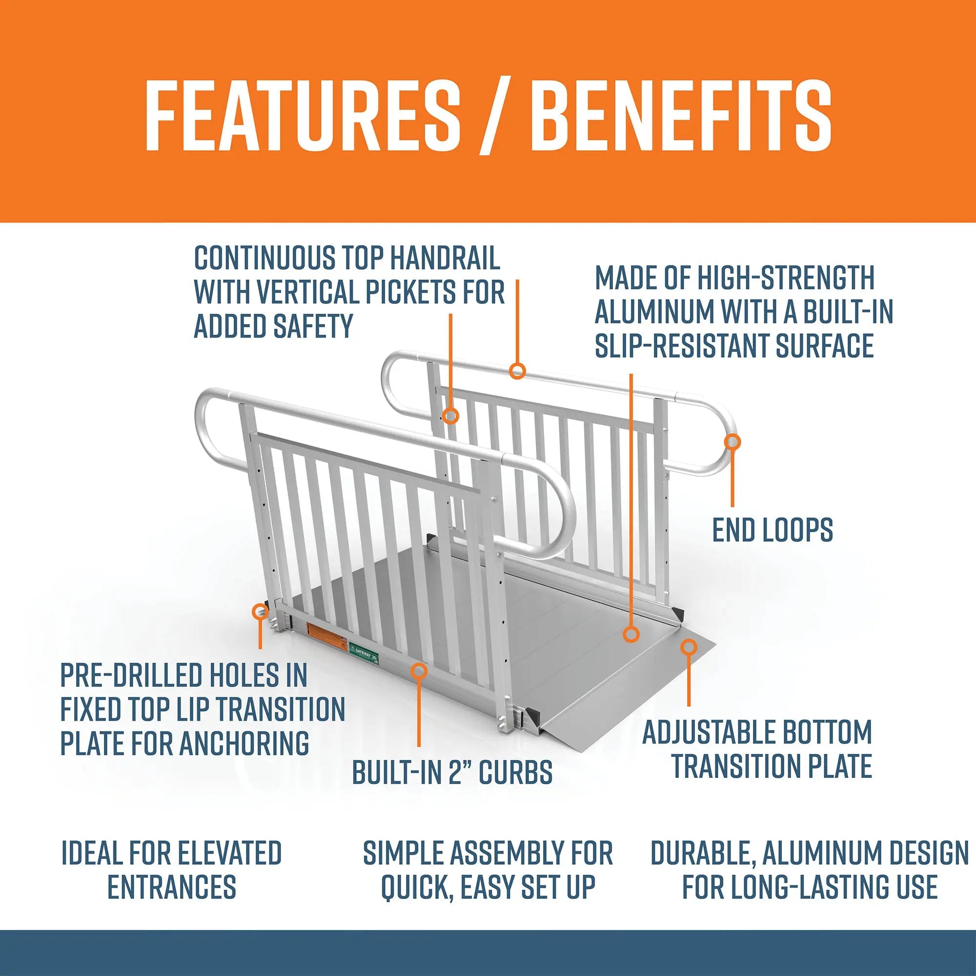 EZ-ACCESS® GATEWAY™ 3G Solid Surface Portable Ramp (Vertical Picket Handrails) 5 Foot EZ-Access